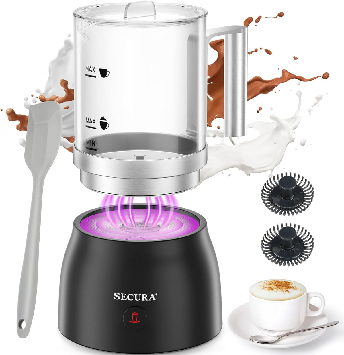 Secura Detachable Milk Frother and Steamer, 17oz Electric Milk Warmer 4-in-1 Hot/Cold Foam Maker for Latte, Cappuccinos, Macchiato, Hot Chocolate - PuriLite