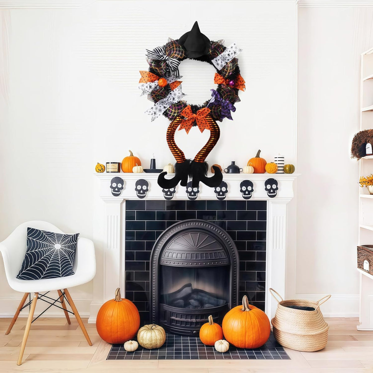 16 Inch Halloween Wreath with Witch Hat Legs for Front Door Halloween Door Sign Decoration - PuriLite
