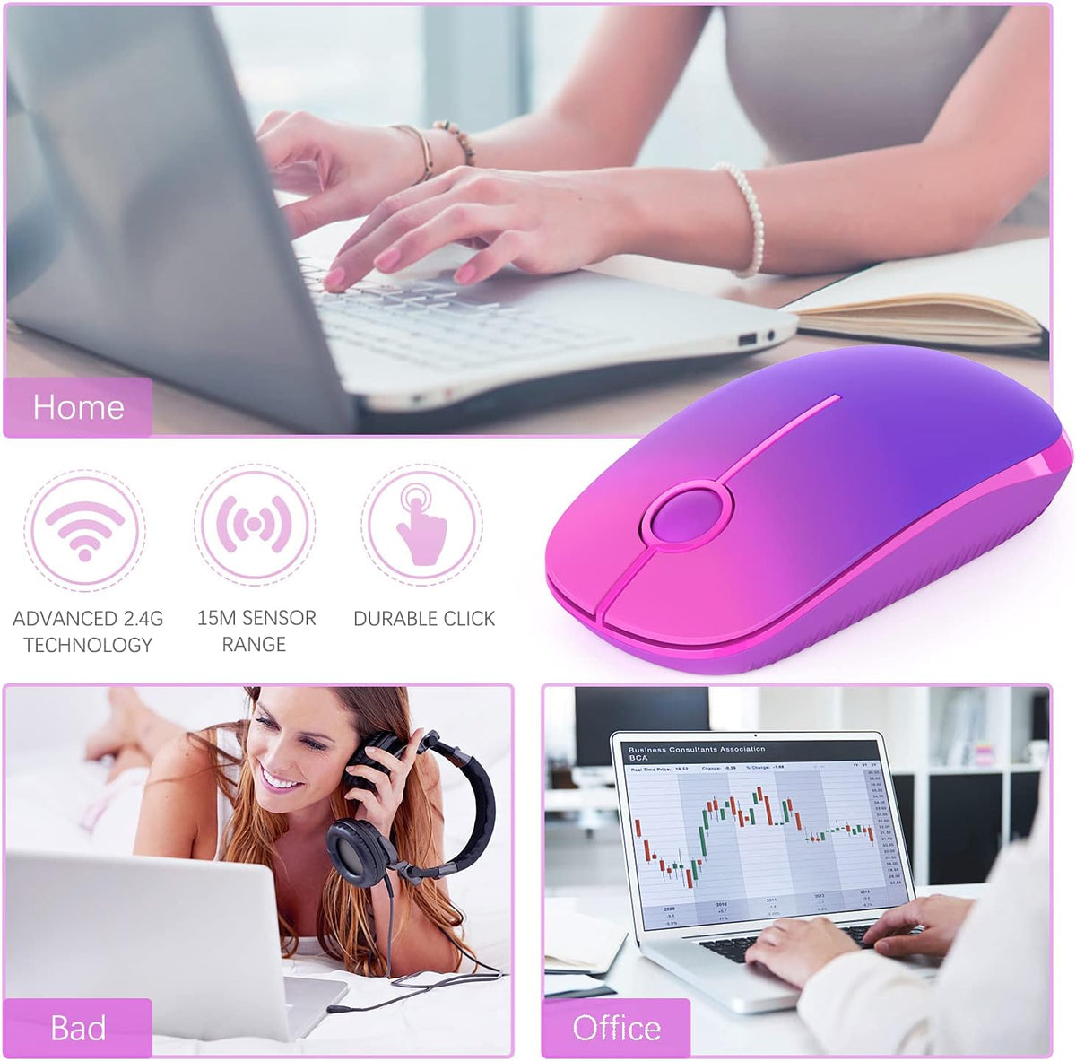 Wireless Mouse, Vssoplor 2.4G Slim Portable Computer Mice with Nano Receiver for Notebook, PC, Laptop, Computer (White and Silver) - PuriLite