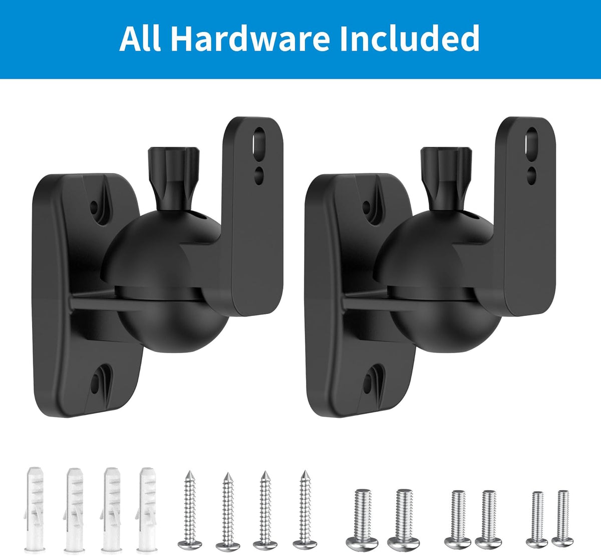 PlusAcc Speaker Wall Mount Brackets – Surround Sound Speaker Wall Mounts with 20° Tilt & 80° Swivel, Bookshelf Speaker Wall Screws Mounts, Holds Up to 7.7 lbs, Space-Saving Design (2-Pack, Black) - PuriLite