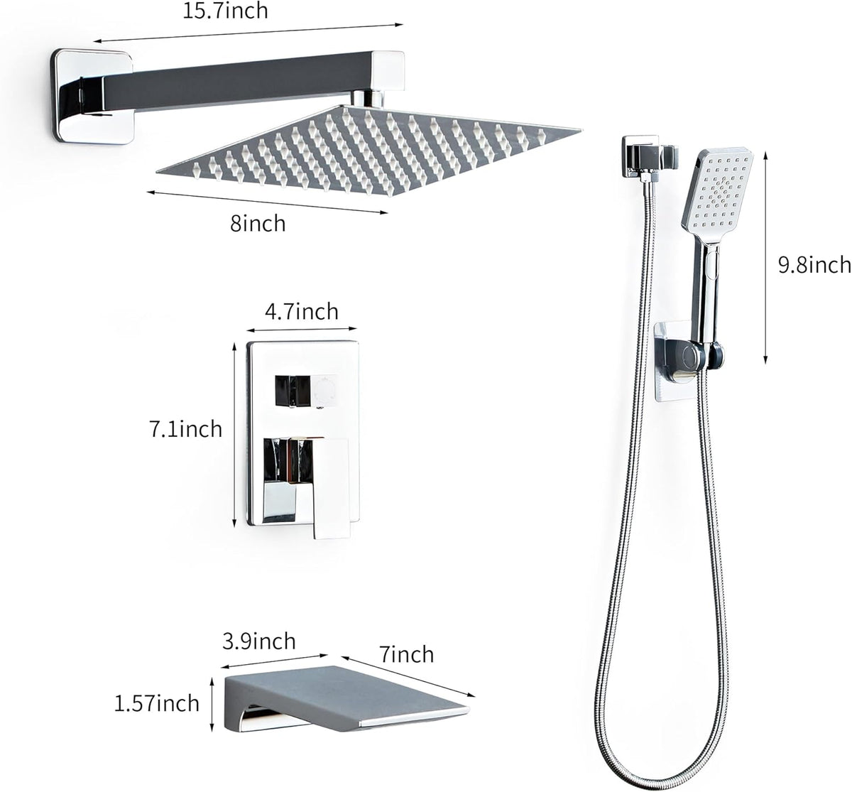 LCEVCGK Shower Faucet Set Complete Matte Black Shower System with 8 inch Square Rainfall Shower Head 3-Function Handheld Shower Waterfall Bathtub Spout Rain Shower Combo Set Bathroom Wall Mounted - PuriLite