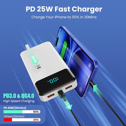 Power Bank 40800mAh Portable Charger with 3 Built-in Cable,25W PD USB C in&Out Power Bank Fast Phone Charging,QC4.0 LED Display Portable Battery Pack Compatible with iPhone 16/15,Samsung Android-Black - PuriLite
