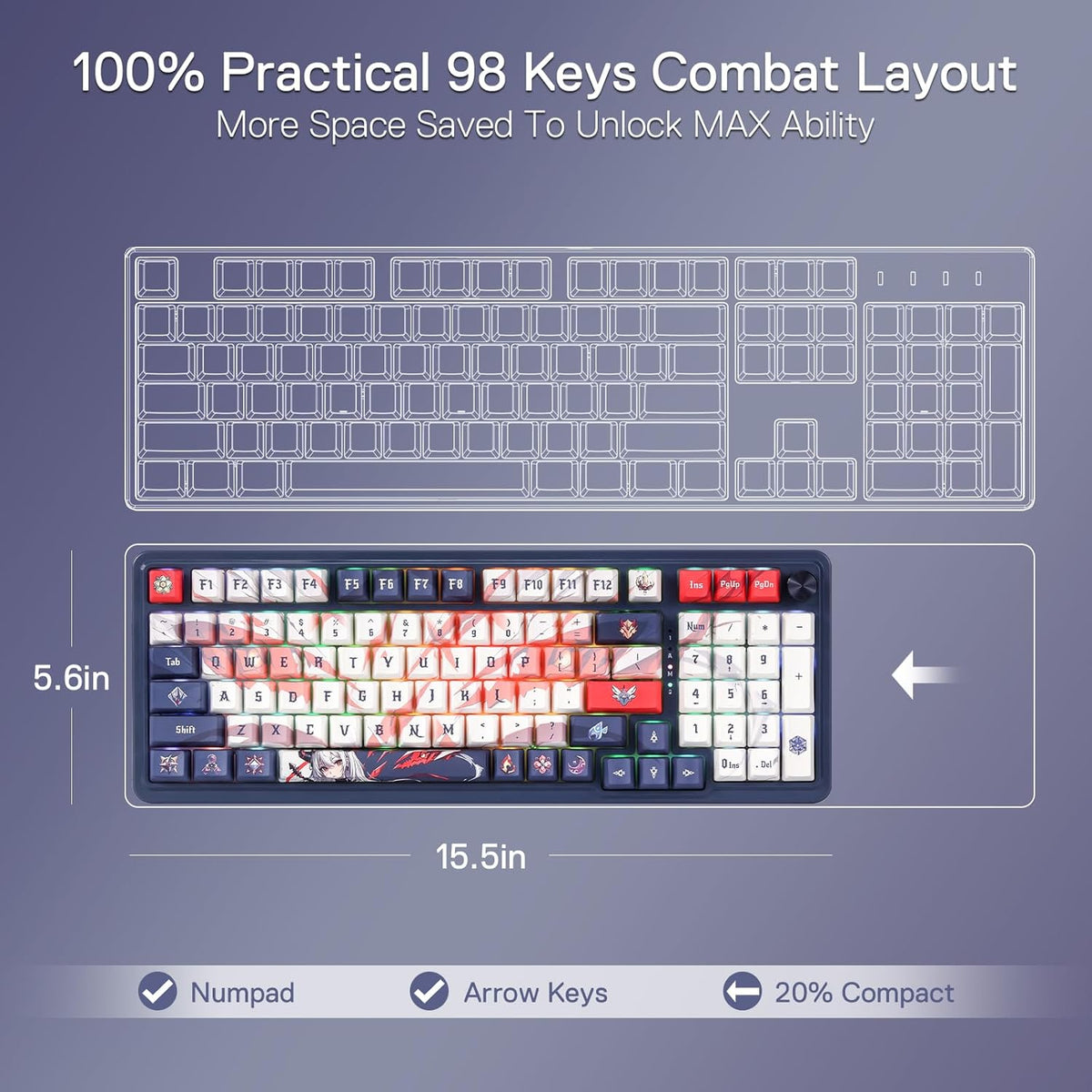 Redragon K686 PRO 98 Keys Wireless Gasket RGB Gaming Keyboard, 3-Modes Anime Mechanical Keyboard w/Hot-Swap Socket, Dedicated Knob Control & Sound Absorbing Pads, Custom Hi-Fi Linear Switch - PuriLite