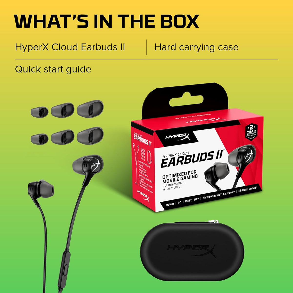 HyperX Cloud Earbuds II – 14mm Drivers, Four Eartips, Hard-Shell Carrying Case, Low-Profile 90° Plug, 3.5mm Plug, Built-in Microphone, Multi-Function Button, PC, Mobile, Nintendo Switch – Black - PuriLite