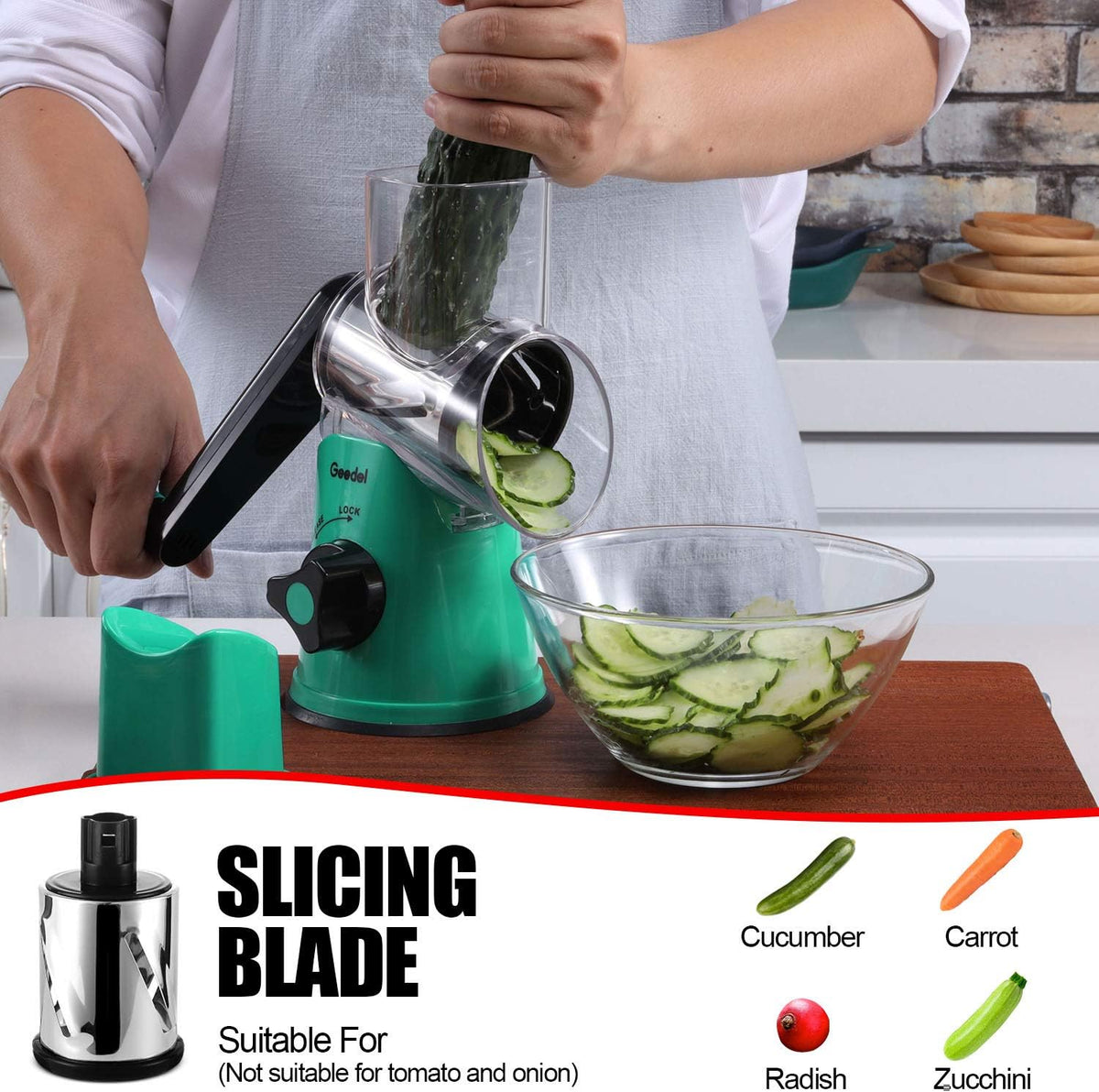 Geedel Kitchen Cheese Grater, Rotary Mandoline Vegetable Slicer with Interchangeable Blades, Easy to Use Rotary Grater Slicer for Fruit, Vegetables, Nuts - PuriLite