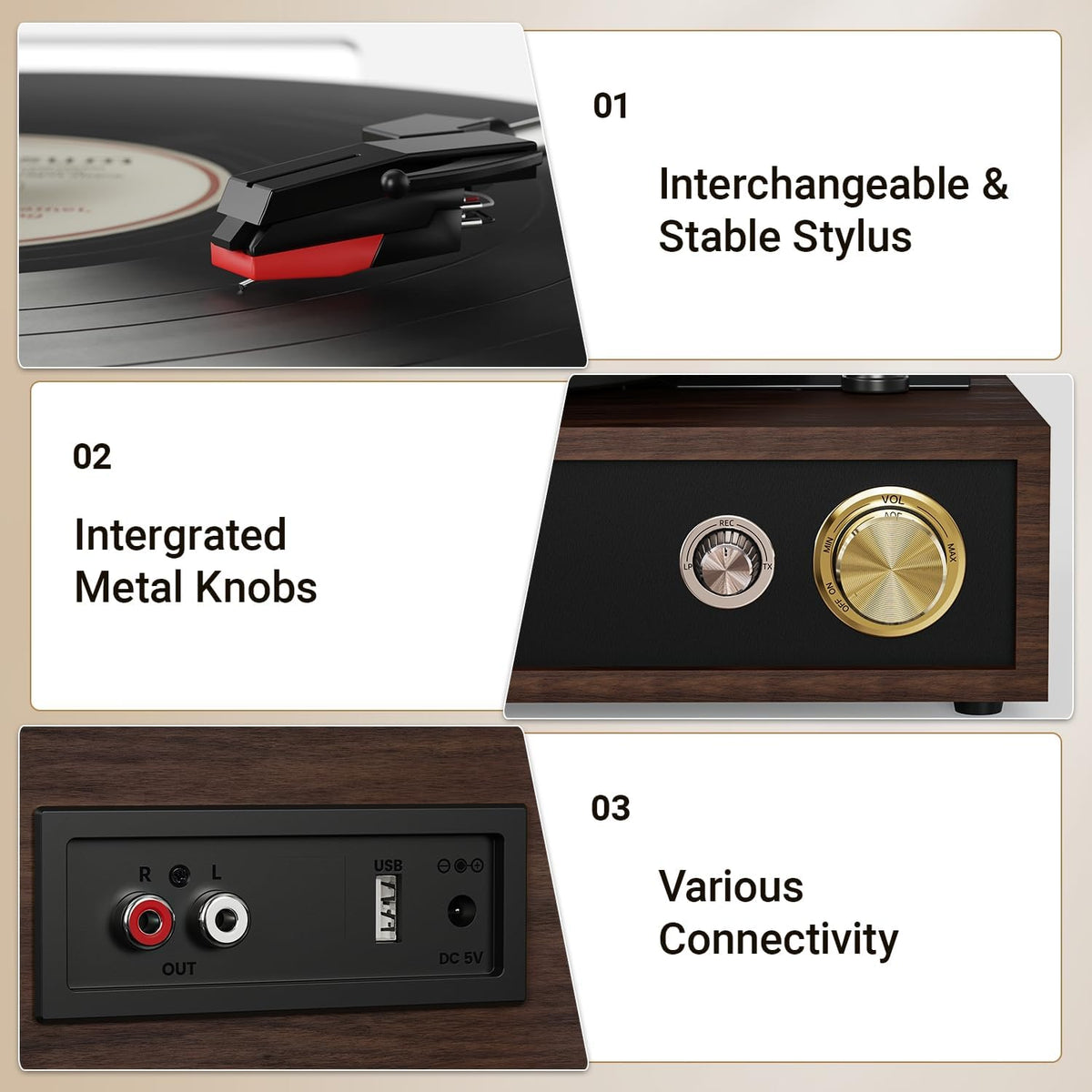 Record Player, FYDEE Vinyl Player with Bluetooth 3-Speed Turntable for Vinyl Records (33/45/78 RPM) with Built-in Bluetooth Receiver & Transmitter, RCA Out/USB in, Dust Cover (Ebony) - PuriLite