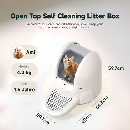 Amicura Automatic Cat Litter Box, Self Cleaning, 360-Degree Detection Smart Anti-Pinch, App Control, Odor-Proof, 65L Extra Large Open-top Cat Litter Box, Ultra Quiet Cat Toilet - PuriLite