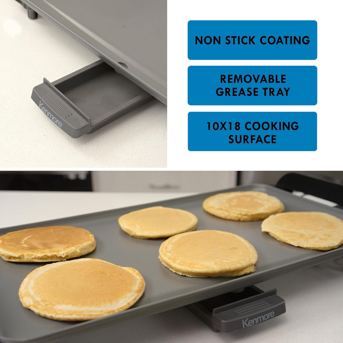 Kenmore Electric Griddle - External Temperature Control, Easy Clean Countertop Cooking Kitchen Appliance Removable Drip Tray, Grill Bacon, Eggs, Pancakes, Crepes, Tortillas, Nonstick 10x18" Pan - PuriLite