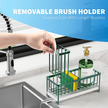 Cisily Sponge Holder for Kitchen Sink, Sink Caddy with High Brush Holder, Organzier Rustproof 304 Stainless Steel Dish Organizer Divider, Soap Dispenser Storage (Black) - PuriLite