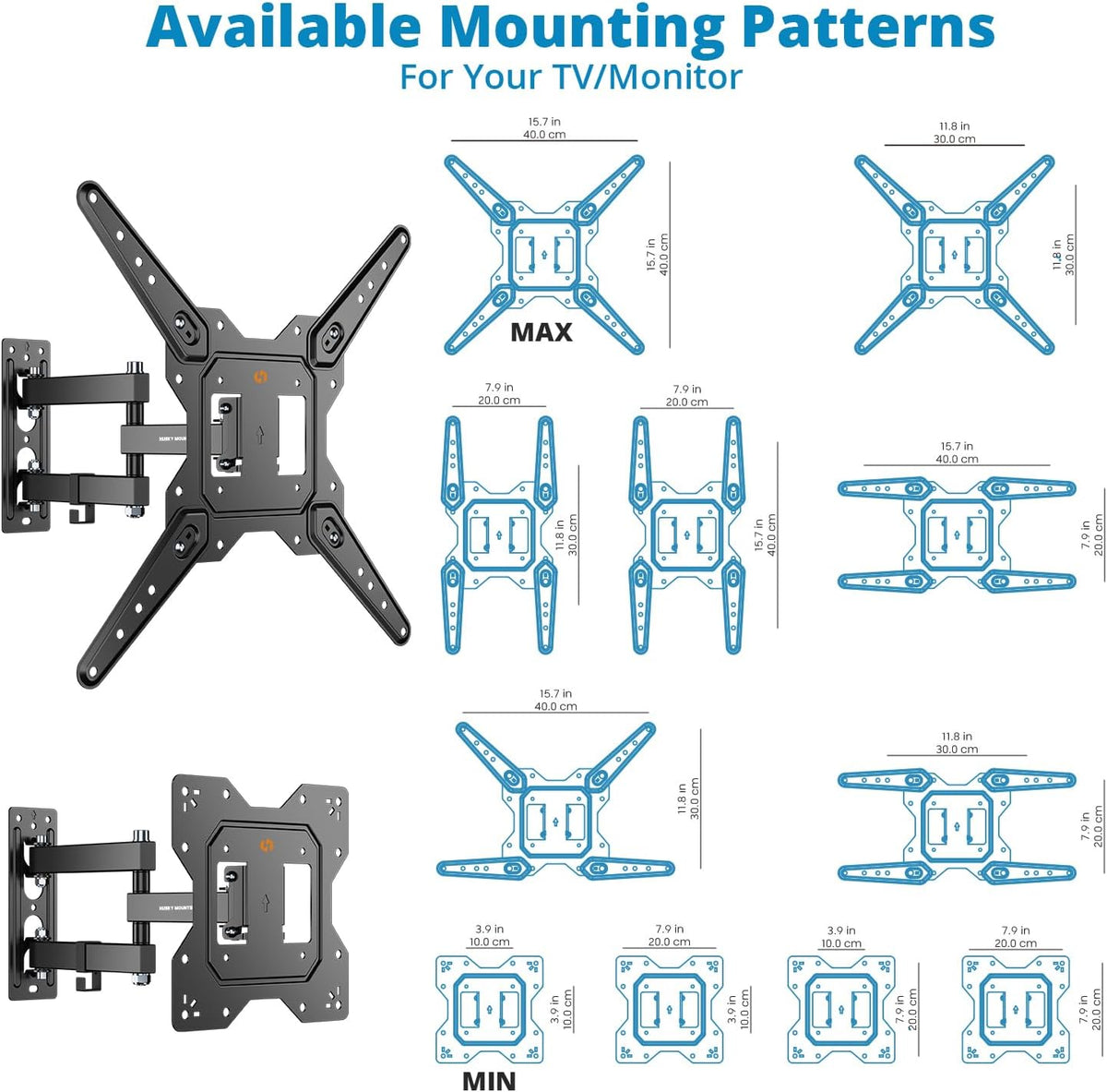 Full Motion Wall Mount Bracket & Arm for TVs/Monitors, Fits Most 32" to 55" Flat Screens, Swivels Right Left 180 Degrees, Adjustable Tilt, One Person Installation, Hardware Included by Husky Mounts - PuriLite