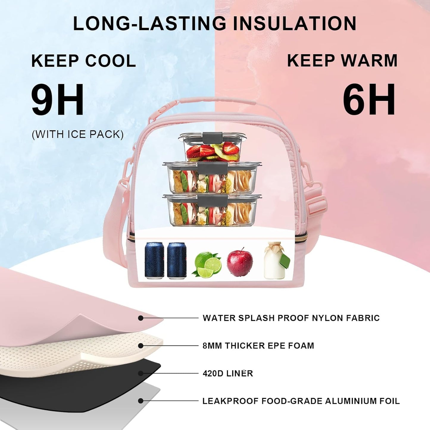 Everfun Womens Lunch Box Two Compartments Insulated Lunch Tote Bag Large Leakproof Soft Cooler for Work Picnic Travel, Black - PuriLite
