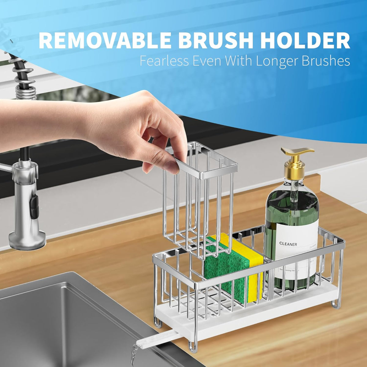 Cisily Sponge Holder for Kitchen Sink, Sink Caddy with High Brush Holder, Organzier Rustproof 304 Stainless Steel Dish Organizer Divider, Soap Dispenser Storage (Black) - PuriLite