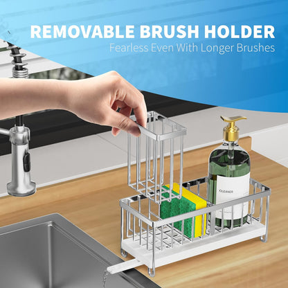 Cisily Sponge Holder for Kitchen Sink, Sink Caddy with High Brush Holder, Organzier Rustproof 304 Stainless Steel Dish Organizer Divider, Soap Dispenser Storage (Black) - PuriLite