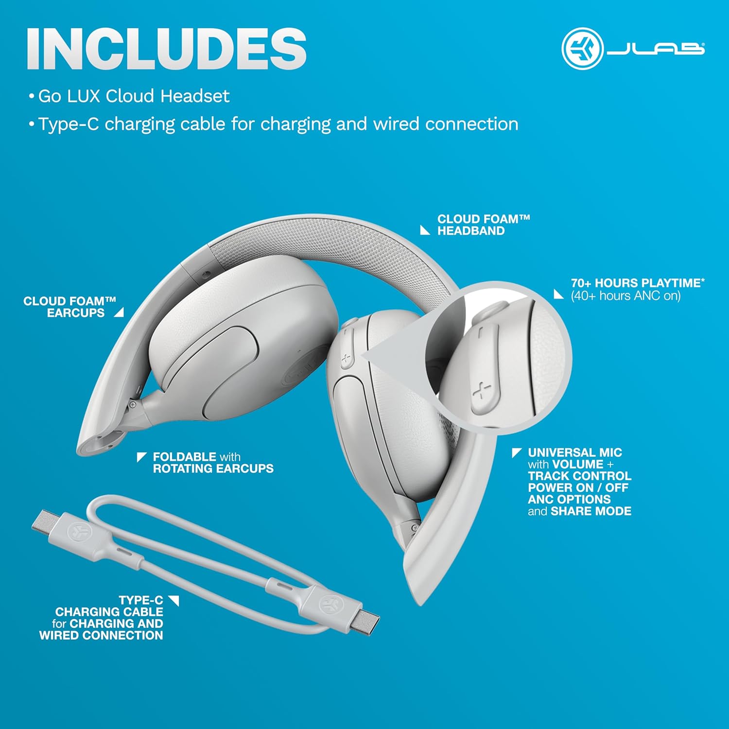 JLab Go Lux ANC Wireless Headphones, Cloud White, Hybrid Active Noise Cancelling, Premium On-Ear Bluetooth Headset, Customizable Sound, Be Aware Mode, Cloud Foam Comfort, Multipoint Connection - PuriLite