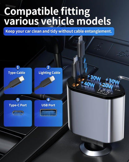 Retractable Car Charger, 4 in 1 Fast Charging Car Charger USB-C & USB-A Compatible with iPhone 16/15/14/13/12/11,Galaxy,Pixel - PuriLite