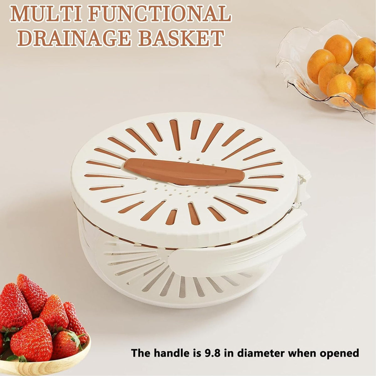 Fruit Vegetable Draining Bowl, Kitchen Strainer with Foldable Handle, Lid, Drain Tray, Rotating Fruit and Vegetable Washing Colander for Salad Mixing, Fruit Washing (White) - PuriLite