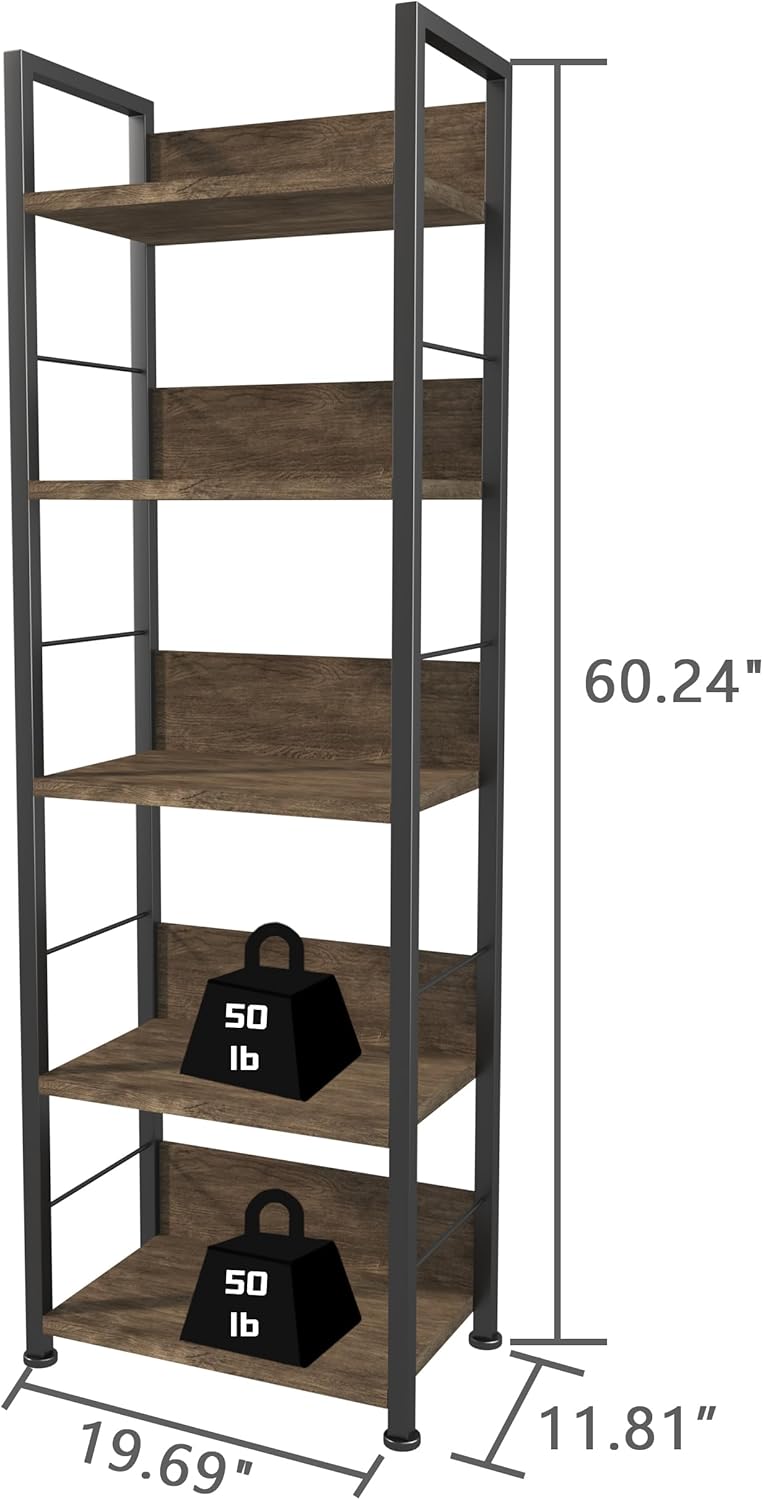 KZZLOL Bookshelf 5 Tier, Corner Bookcase with MDF Board & Metal Frame, Industrial Book Shelf Decor for Living Room, Study, Kitchen ,Bedroom Storage (Dark Brown) - PuriLite