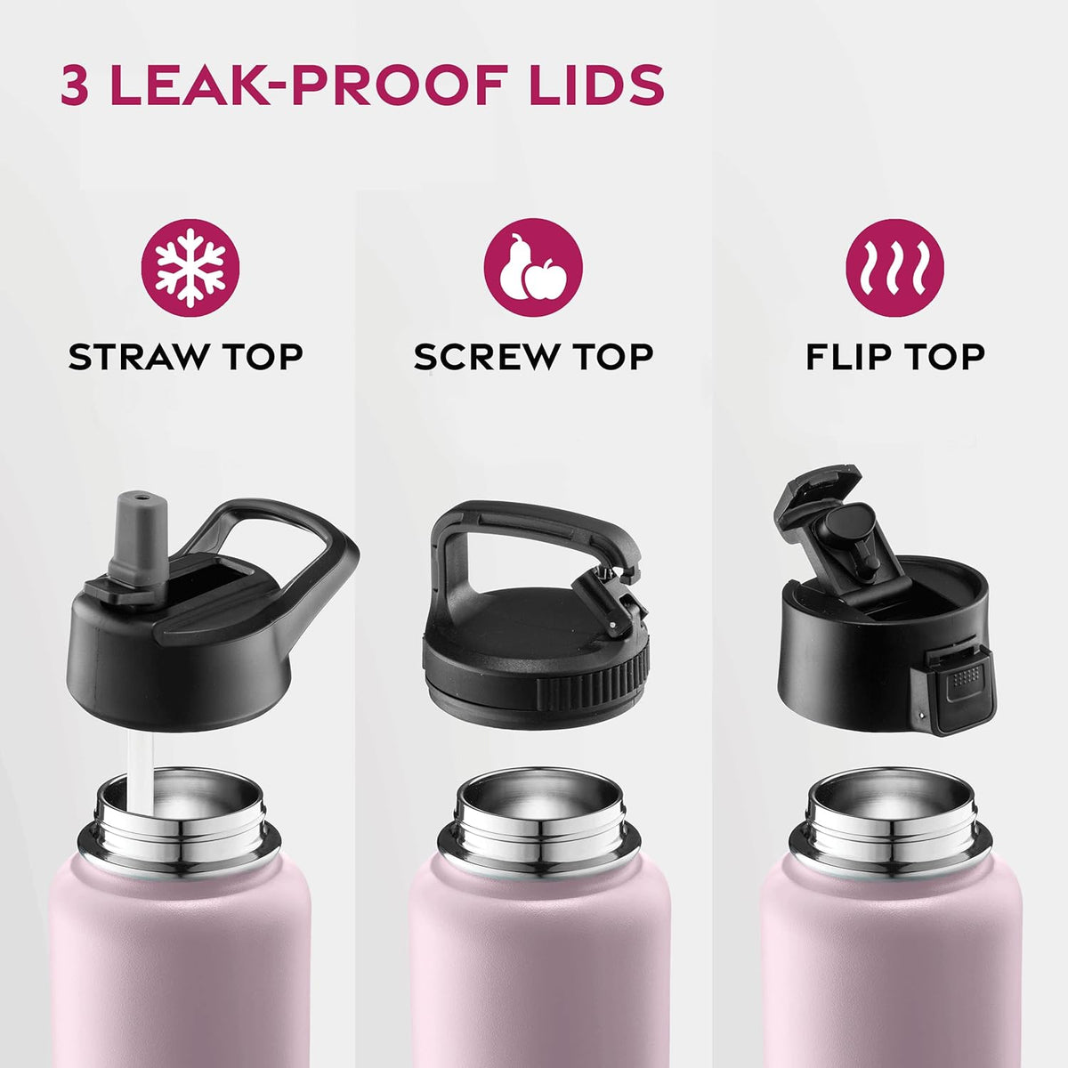 FineDine Water Bottle - Stainless Steel Insulated Water Bottle with Straw Lid, Flip Lid & Wide-Mouth Cap - Keeps Hot and Cold - 25 Oz / 739ml - Pure Pearly White - PuriLite
