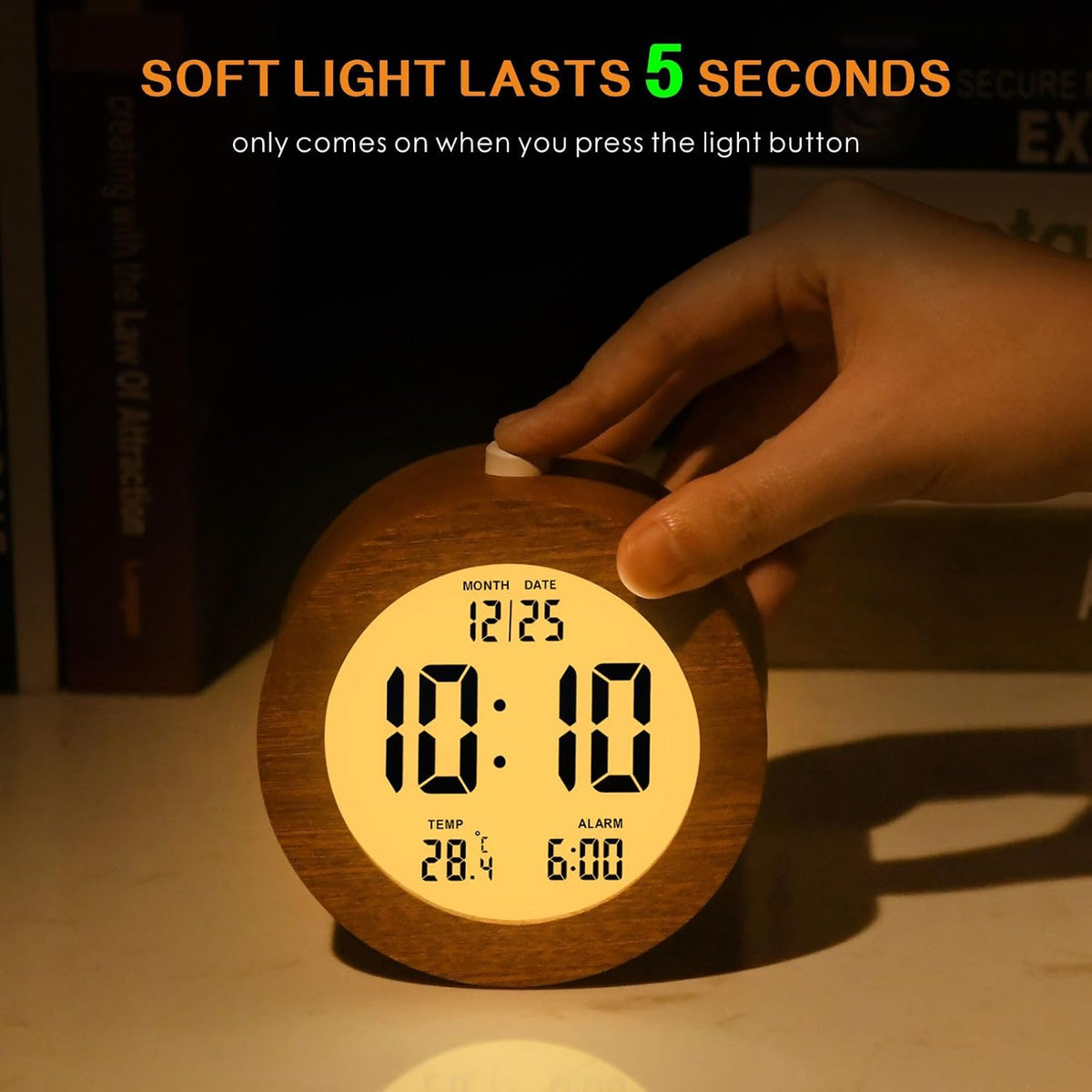 Plumeet Wooden Digital Alarm Clock for Bedrooms, Wood 4'' Battery Powered Alarm Clock with Snooze and Nightlight, Electronic LCD Desk Clock Display Time, Date, Temp, 12/24H, Wood Décor (Sapele, 3.2'') - PuriLite