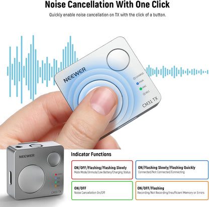 NEEWER CM28 Wireless Lavalier Microphone System with Charging Case, 1 Click Noise Canceling, 4GB Storage for 9Hrs of 48KHz 16 Bit Uncompressed Audio Lapel Mic Compatible with iPhone/Android/PC/Camera - PuriLite