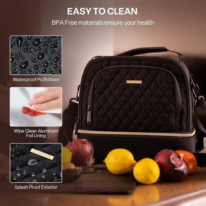 Everfun Womens Lunch Box Two Compartments Insulated Lunch Tote Bag Large Leakproof Soft Cooler for Work Picnic Travel, Black - PuriLite