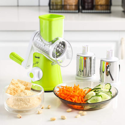 Geedel Kitchen Cheese Grater, Rotary Mandoline Vegetable Slicer with Interchangeable Blades, Easy to Use Rotary Grater Slicer for Fruit, Vegetables, Nuts - PuriLite