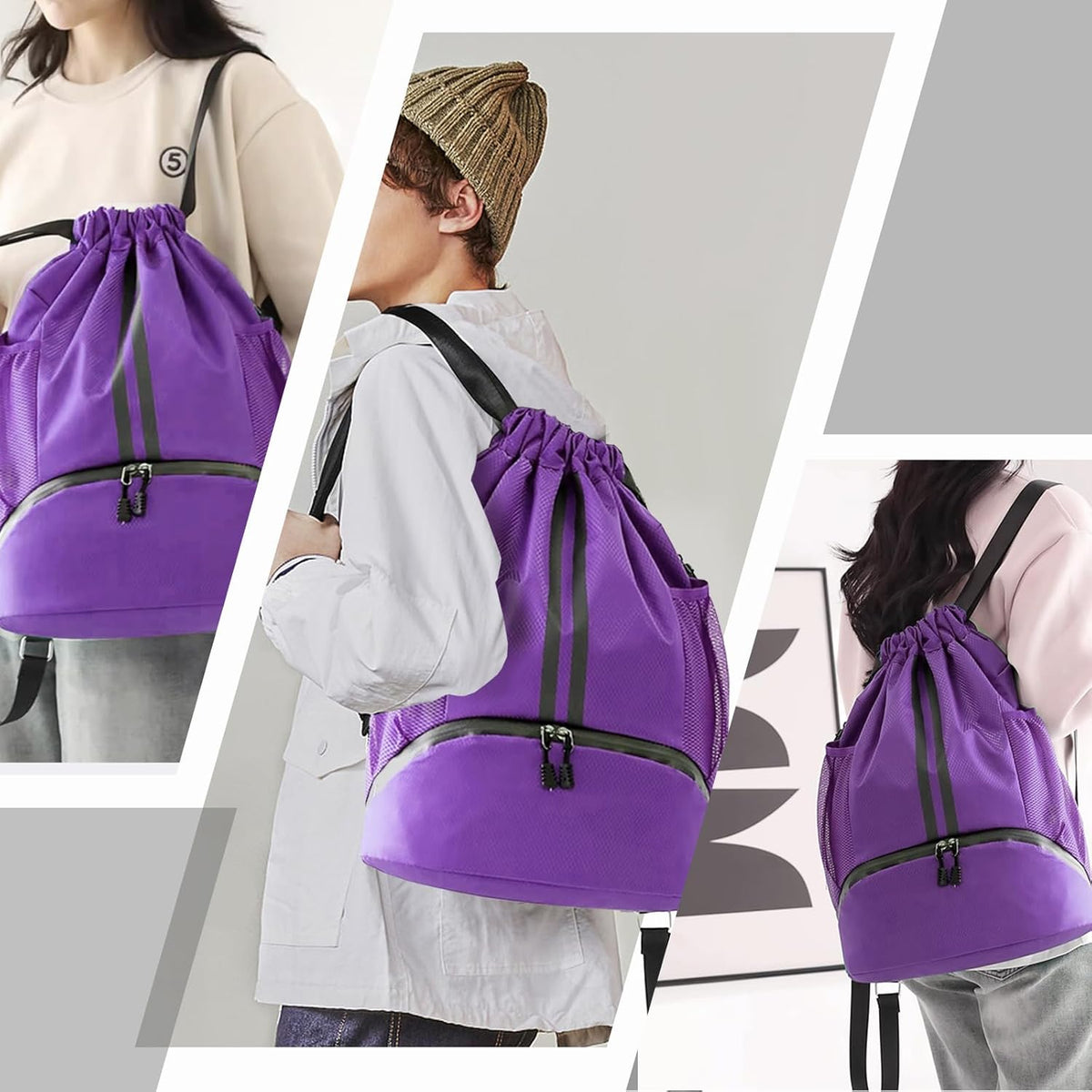 Hoedia Sports Drawstring Backpack - String Swim Gym Bag with Shoes Compartment and Wet Proof Pocket for Women/Men - PuriLite