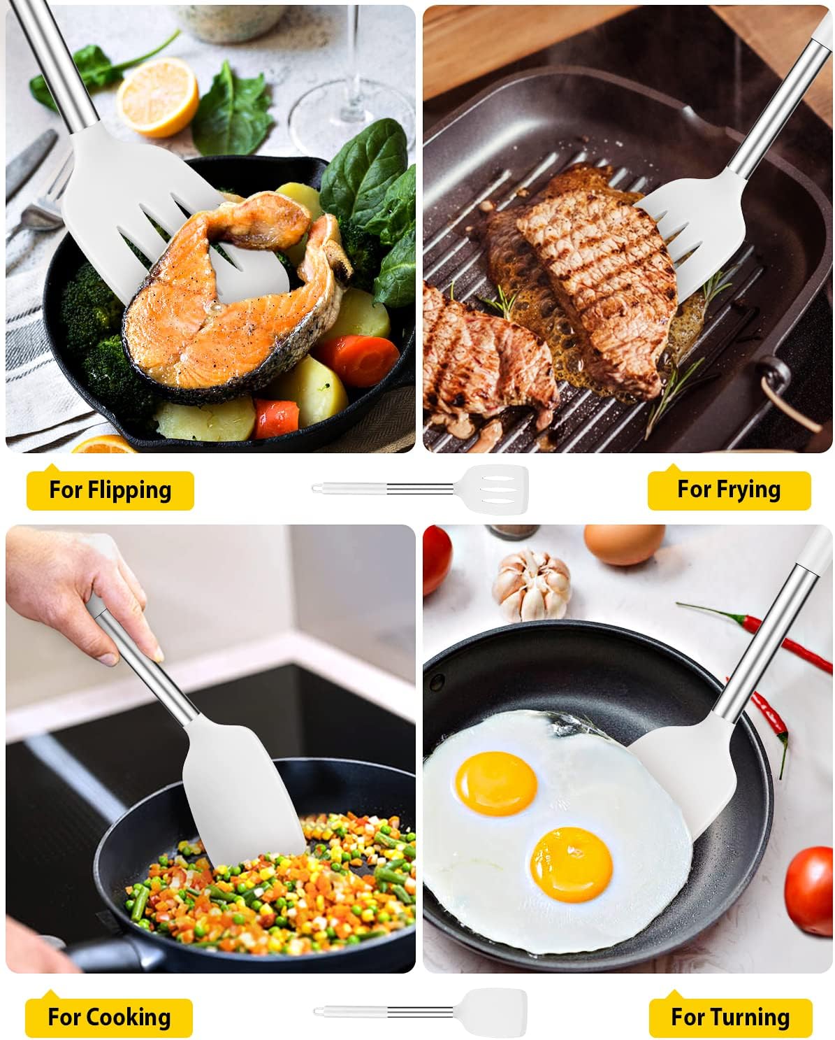 Pack of 2 Silicone Slotted Spatula,Non Stick Solid Kitchen Turner, High Heat Resistant BPA Free Cooking Utensils for Fish, Eggs, Pancakes（Black - PuriLite