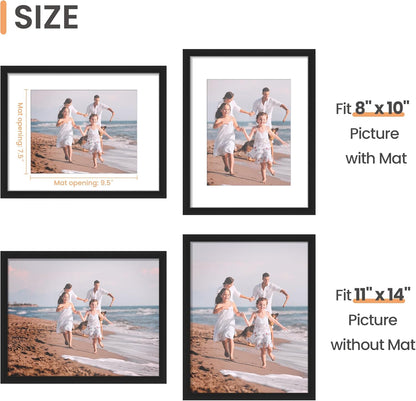 upsimples 11x14 Picture Frame, Display Pictures 8x10 with Mat or 11x14 Without Mat, Wall Hanging Photo Frames, Black - PuriLite