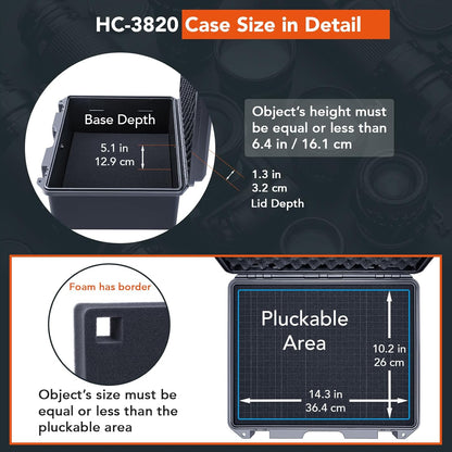 Lykus HC-3810 Waterproof Hard Case with Customizable Foam Insert, Interior Size 38x28x13.5cm, Suitable for Camera, Lens, Drone, mic, Flashlight, Telescope, Action cam, Electronics, Tools, and More - PuriLite
