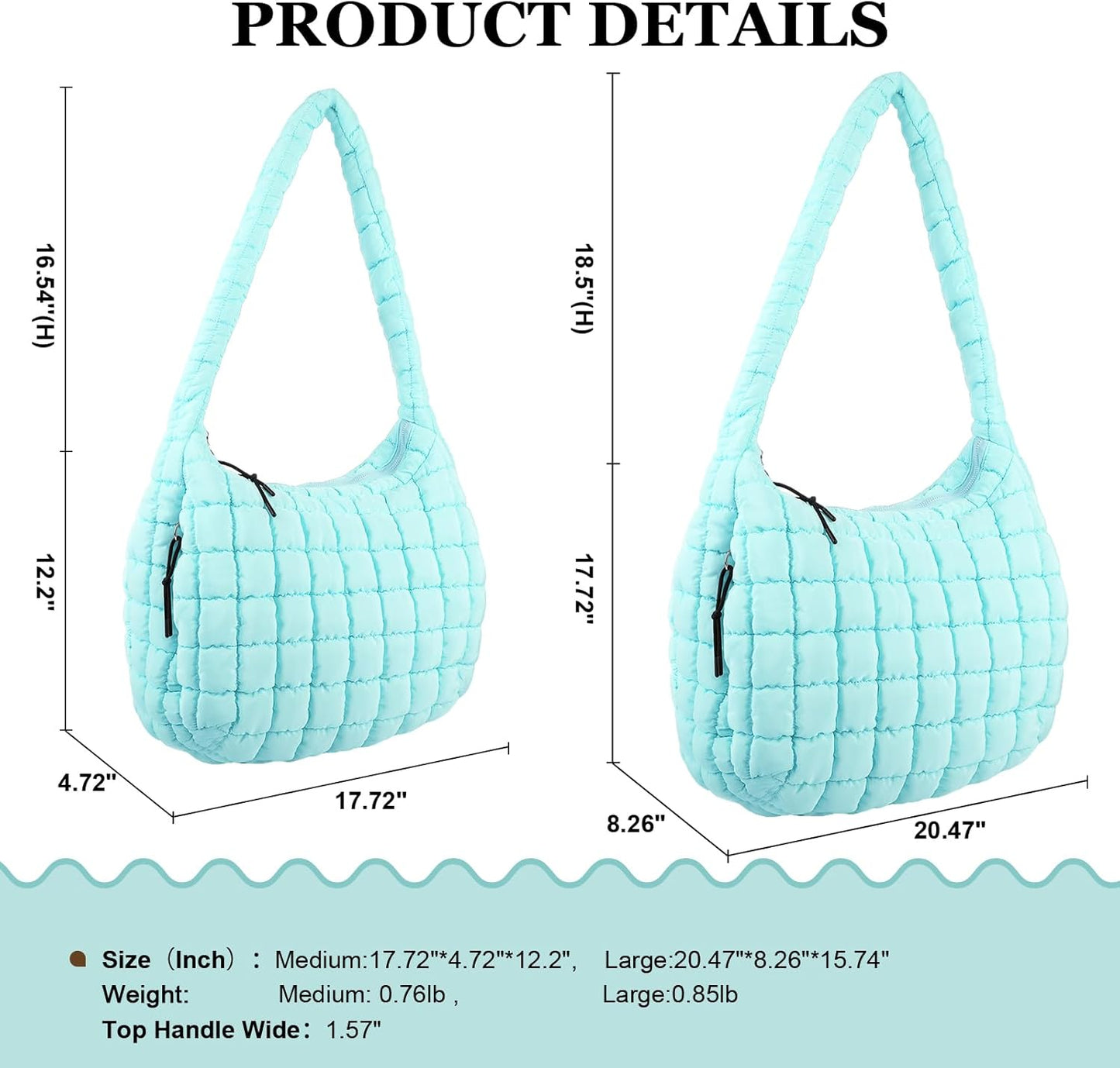 Quilted Puffer Tote Bag Large Crossbody Shoulder Bag with Zipper, Nylon Hobo Oversized Handbag - PuriLite