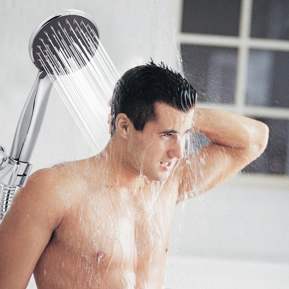 Shower Head, High Pressure Handheld Showerhead with Hose, 5 Settings Chrome Finished Hand Held Rainfall Shower Set- Including Bracket Teflon Washer - PuriLite
