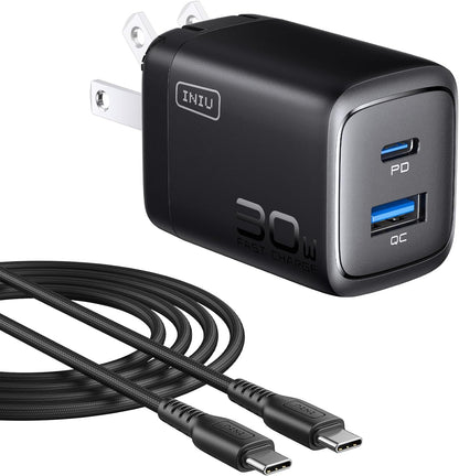 INIU USB C Charger, 2-Pack 30W PD QC 3.0 Dual Port Fast Charging Type C Charger Block with 5ft USB-C Cable, Compact USB C Wall Charger with Foldable Plug for iPhone 16 15 Pro Max Samsung S23, Yellow - PuriLite