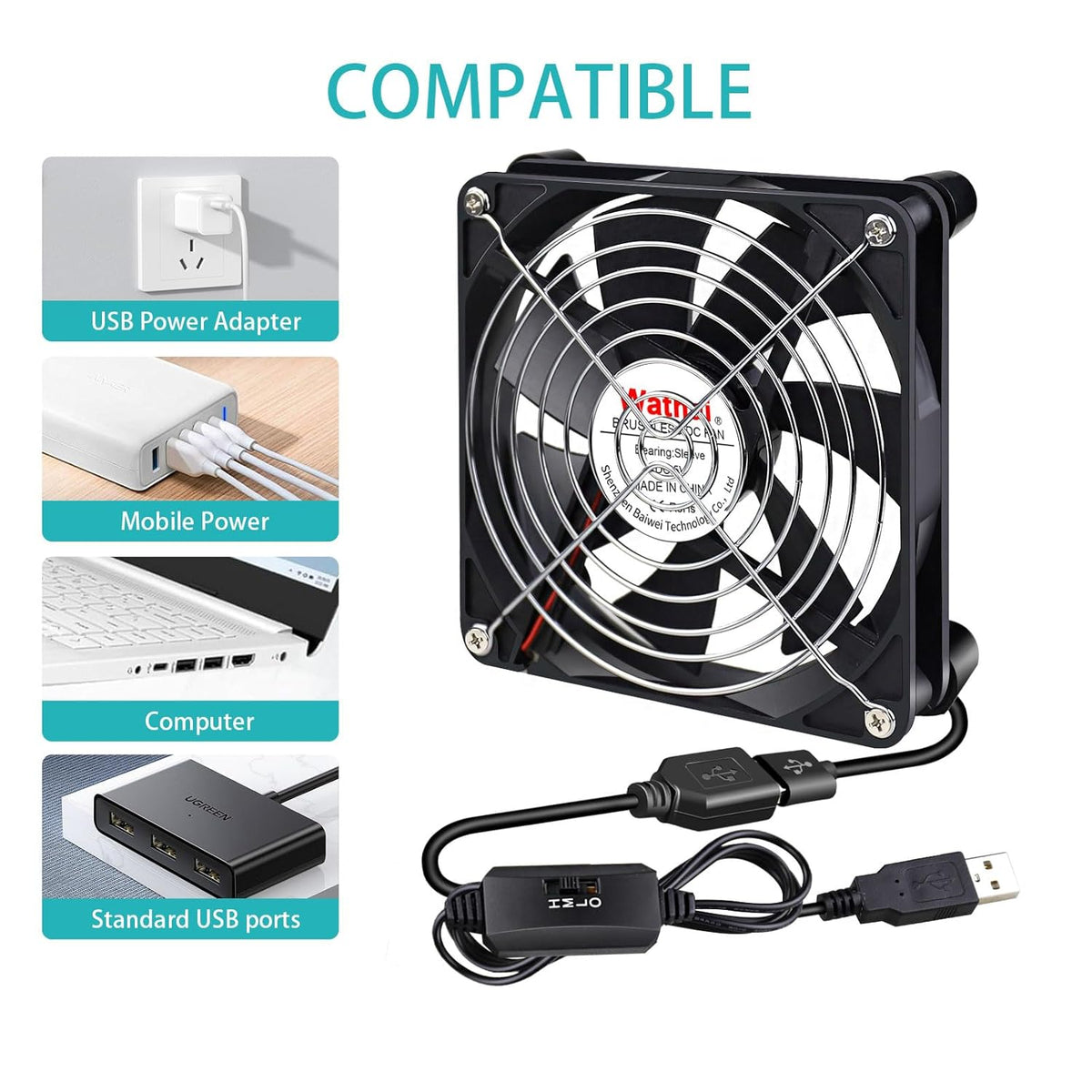 Wathai High Airflow Router Cooling Fan for Computer Cooler TV Small Box DC 5V USB Power 120mm 240mm Fan with Multi Speed Controller - PuriLite
