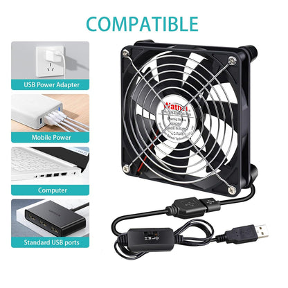 Wathai High Airflow Router Cooling Fan for Computer Cooler TV Small Box DC 5V USB Power 120mm 240mm Fan with Multi Speed Controller - PuriLite
