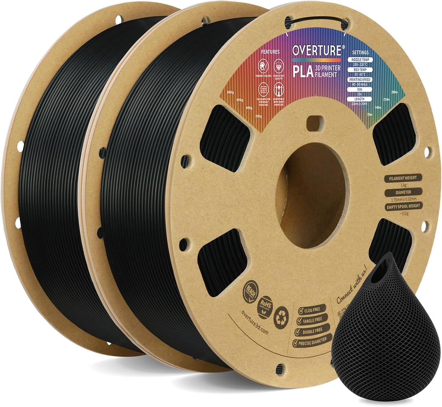 OVERTURE PLA Filament 1.75mm PLA 3D Printer Filament, 1kg Cardboard Spool (2.2lbs), Dimensional Accuracy +/- 0.02mm, Fit Most FDM Printer (Black 1-Pack) - PuriLite
