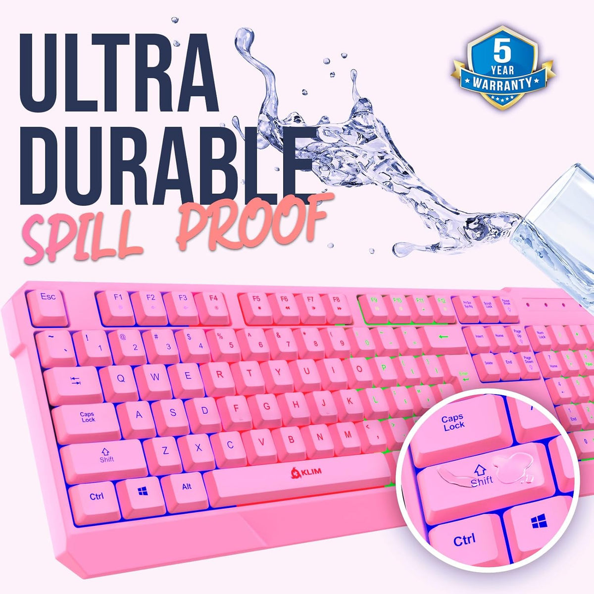 KLIM  Chroma Wireless Gaming Keyboard RGB New - Long-Lasting Rechargeable Battery - Quick and Quiet Typing - Water Resistant Backlit Wireless Keyboard for PC PS5 PS4 Mac - Black - PuriLite