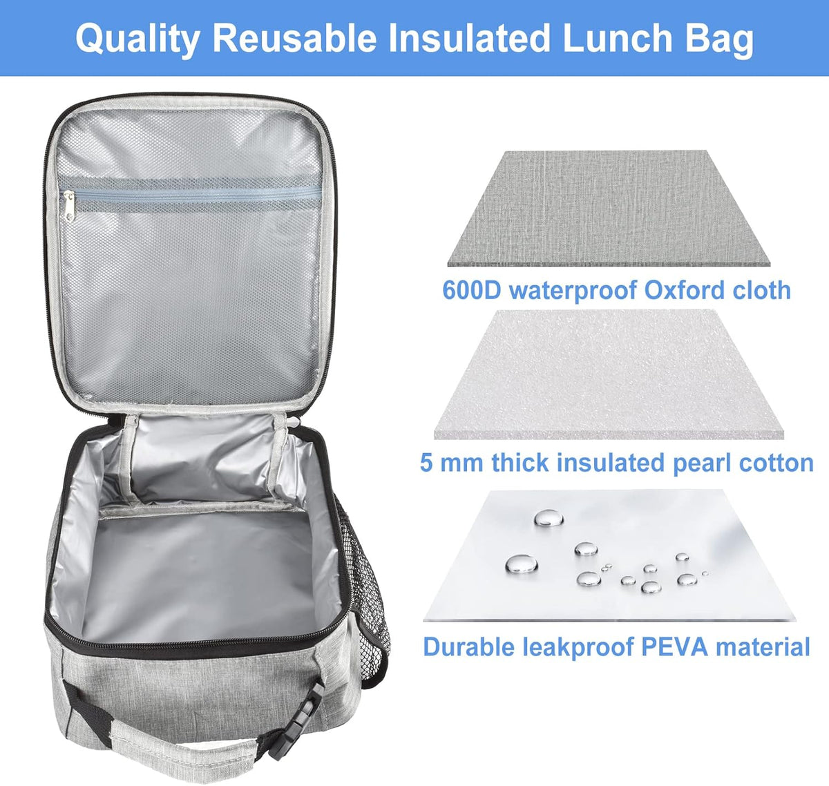 Insulated Lunch Bag, Leakproof Portable Lunch Box for Women Men Boys Girls, Large Capacity Cooler Bag with Handle and Bottle Pocket for Office School Camping Hiking Outdoor Beach Picnic (Black) - PuriLite