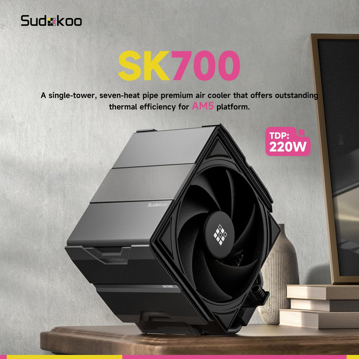 Sudokoo SK700 White AM5 CPU Cooler : 7 Heatpipes CPU Air Cooler for AM5 Exclusive - Single Tower PC Cooling with 120mm FDB PWM Quiet Fan & L-Rail Lock Mount - PuriLite