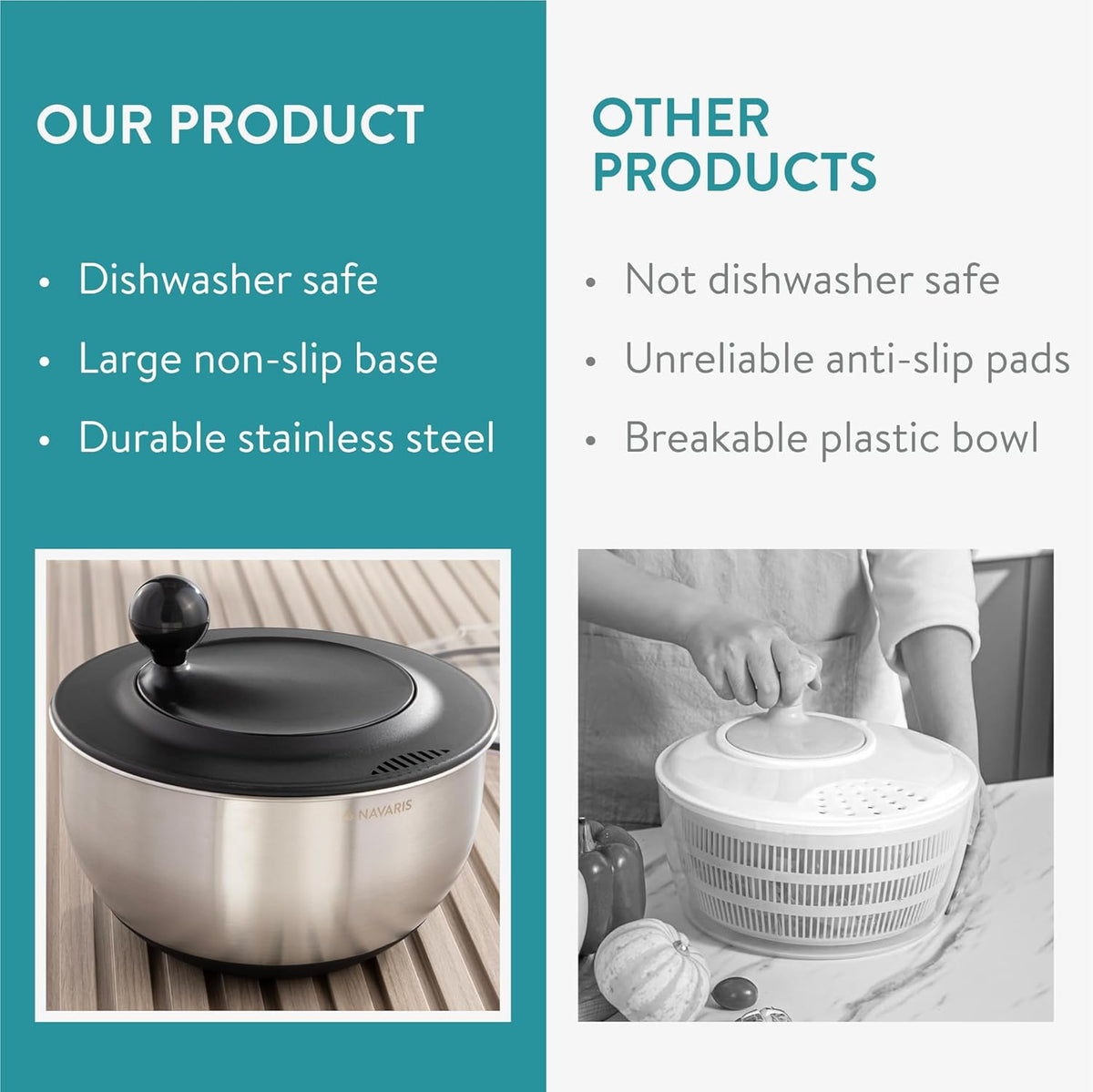 Navaris Salad Spinner with Lid - Salad Spinner Stainless Steel - Salad Dryer - Easy Washing, Drying and Spinning - Includes Grating and Slicing Discs - PuriLite