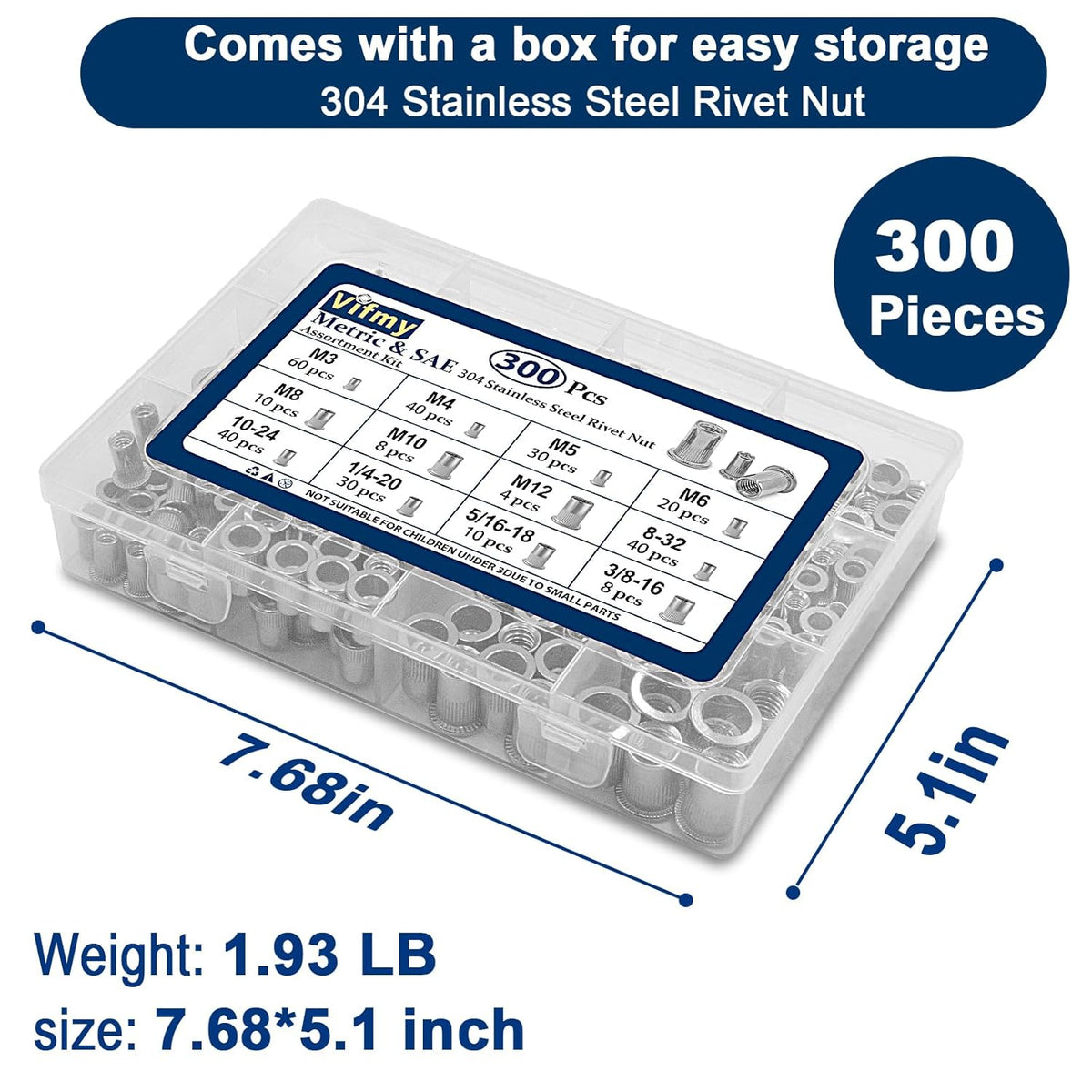 Vifmy Metric & SAE Rivet Nut Assortment Kit(420 Pcs),m3 m4 m5 m6 m8 m10 m12#6-32#8-32#10-24 1/4"-20 5/16"-18 3/8"-16 UNC Flat Head Rivnut Set,Zinc Plated Finish Carbon Steel Nutsert - PuriLite