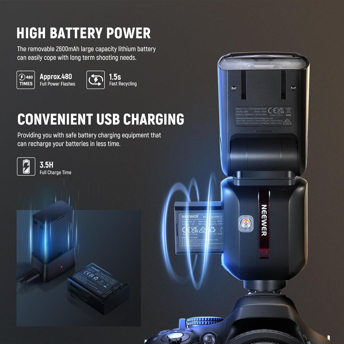 NEEWER Z880-C 2.4G 76Ws TTL Camera Flash Speedlite Compatible with Canon, Upgraded UI, Adjustable Modeling Lamp, TTL/M Quick Switch TCM Key, 1/8000s HSS 7.4V/2600mAh Battery 480 Full Power Flash - PuriLite