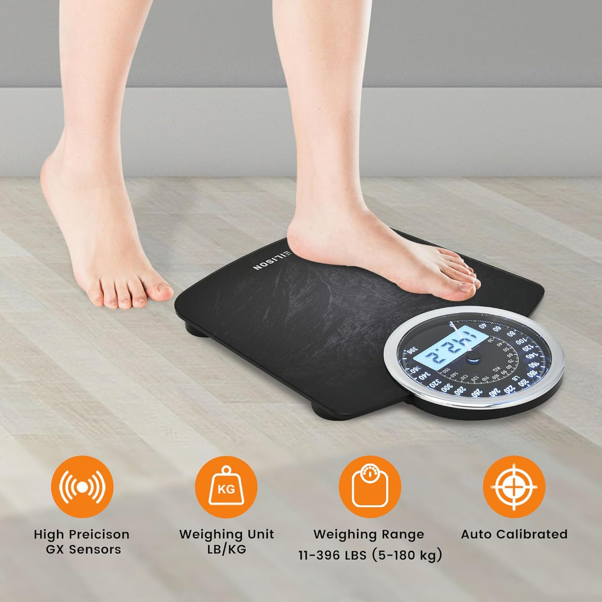 EILISON Highly Advance 2-in-1 Digital & Analog Weighing Scale for Body Weight-400lbs, 4 High Precison GX Sensor Accurate, Thick Tempered Glass, Extra Large Display (White) - PuriLite
