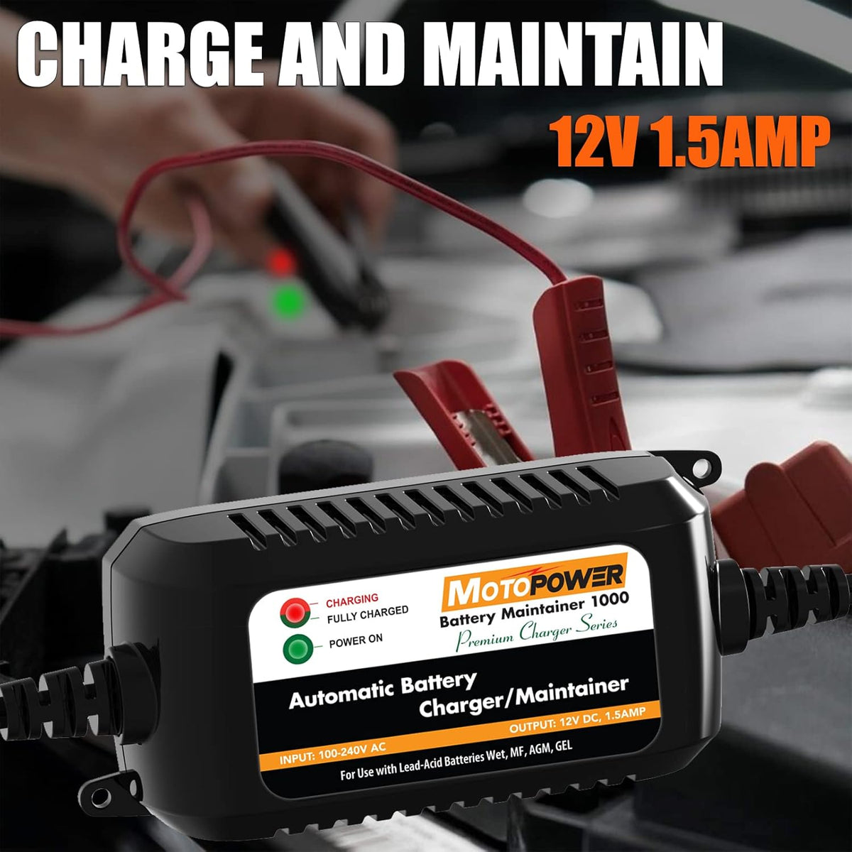 MOTOPOWER MP00205A 12V 800mA Fully Automatic Battery Charger/Maintainer - PuriLite