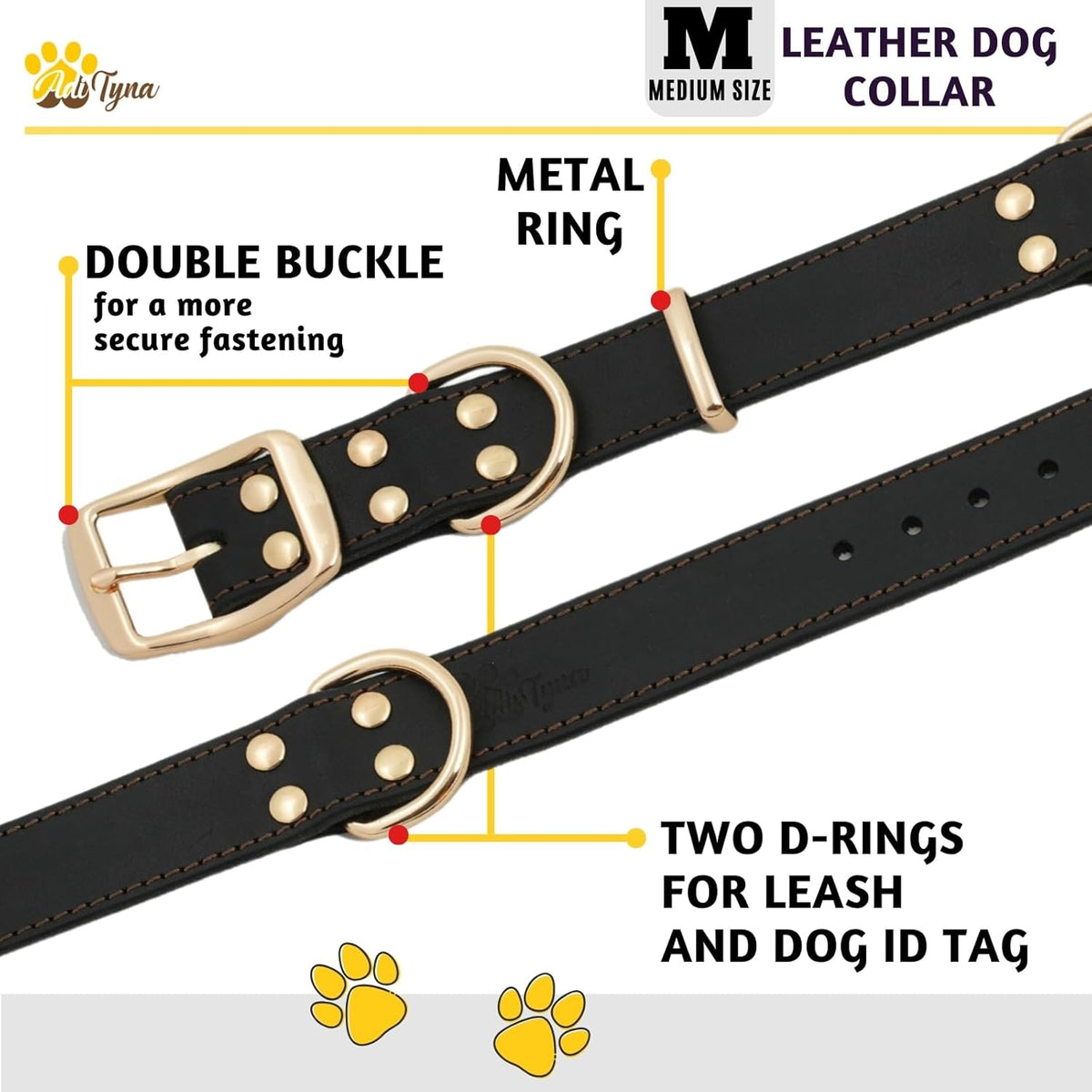 ADITYNA Heavy-Duty Leather Dog Collar for Medium Dogs - Soft and Strong, 100% Genuine Leather - Collier Pour Chien (Medium: Fit 13" - 20" Neck, Brown) - PuriLite