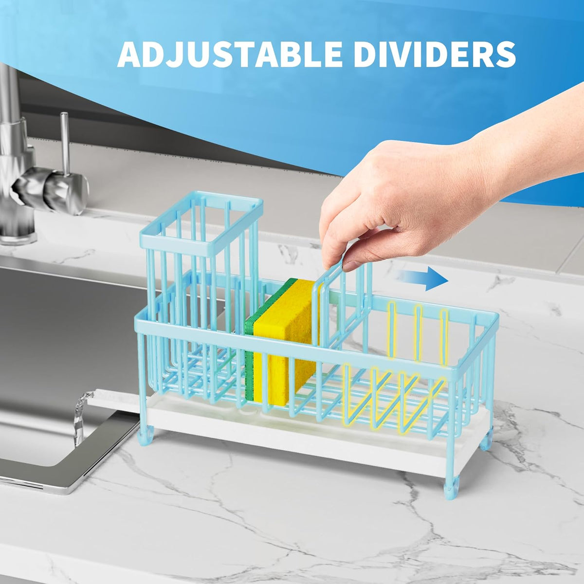 Cisily Sponge Holder for Kitchen Sink, Sink Caddy with High Brush Holder, Organzier Rustproof 304 Stainless Steel Dish Organizer Divider, Soap Dispenser Storage (Black) - PuriLite