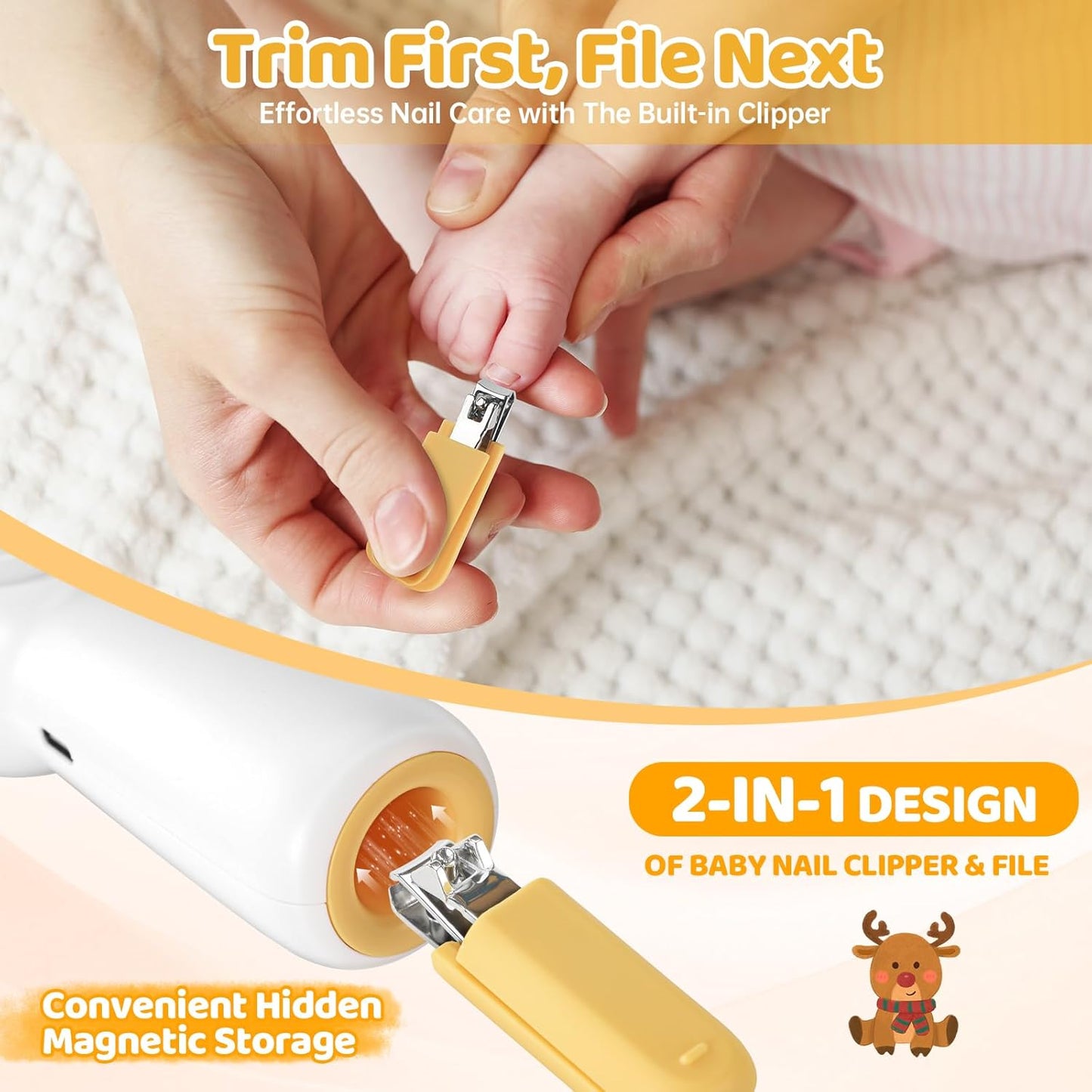 Baby Electric Nail File with Clipper, 5-in-1 Baby Nail Trimmer with LED Light, Rechargeable Nail Clippers for Infant Toddler Kid Adult, Low Noise, Includes 5 File Pads, Yellow Deer - PuriLite