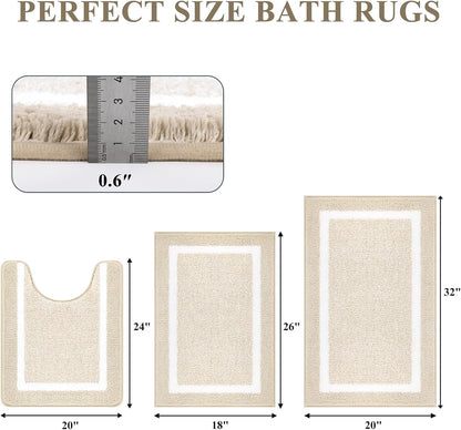 Pauwer 3 Piece Bathroom Rug Set, Non Slip Washable Bath Mat, Light Beige Soft Plush Microfiber, Super Absorbent Floor Carpet, U Shaped Toilet Mats, Quick Dry, Shaggy Shower Rugs Runners
