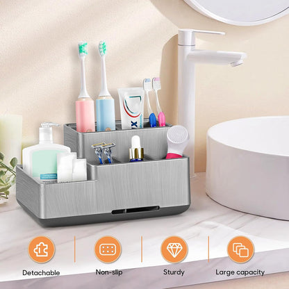 Toothbrush Holder, Bathroom Organizers Countertop, 6 Compartments Multifunctional Washroom Organizer for Toothpaste, Cosmetic, Makeup, Office Stationery Pencils（Silver）