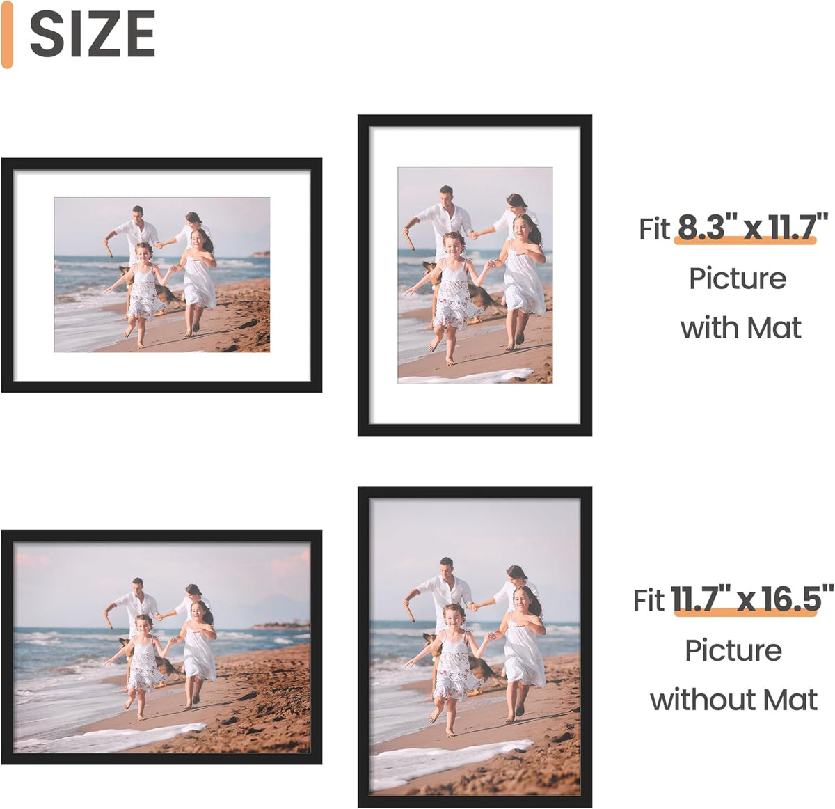 upsimples 11x14 Picture Frame, Display Pictures 8x10 with Mat or 11x14 Without Mat, Wall Hanging Photo Frames, Black - PuriLite
